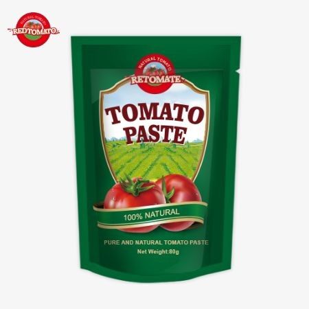 An 80g Stand-Up Pouch Of Double-Concentrated Tomato Paste Is Offered With Purity Levels Ranging From 30% To 100%