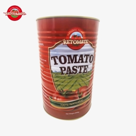 Retomate 4500g canned tomato paste (Brix 28–30%) is available under our brand with full brand and packaging design services