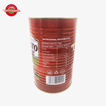 Retomate 4500g canned tomato paste (Brix 28–30%) is available under our brand with full brand and packaging design services
