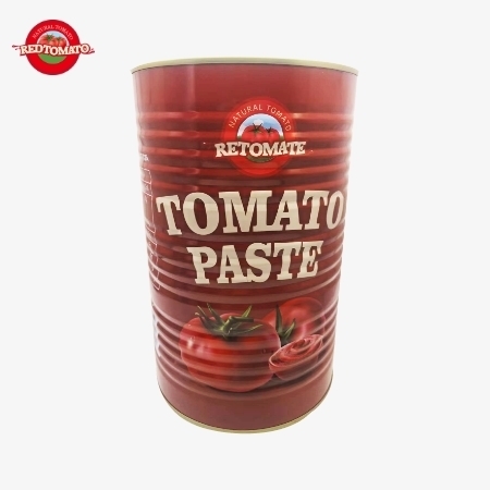Retomate 4500g canned tomato paste (Brix 28–30%) is available under our brand with full brand and packaging design services