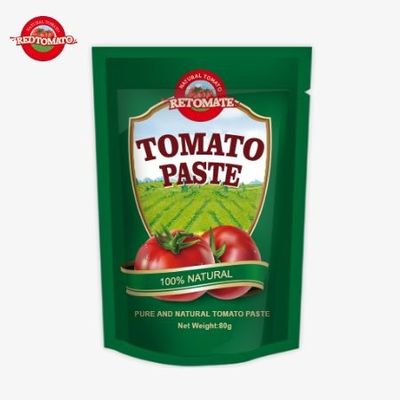 An 80g Stand-Up Pouch Of Double-Concentrated Tomato Paste Is Offered With Purity Levels Ranging From 30% To 100%